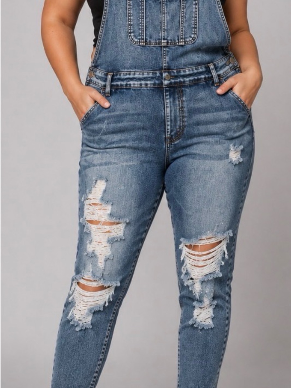 Judy Blue Dark Distressed Knees Medium Blue Denim Overalls Size 1 XL